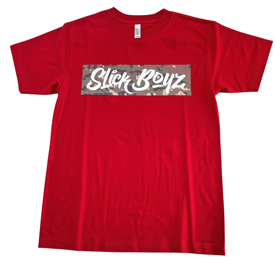 A red short-sleeve crewneck t-shirt featuring a rectangular chest graphic with a camouflage background and the text 'Slick Boyz' in white script.