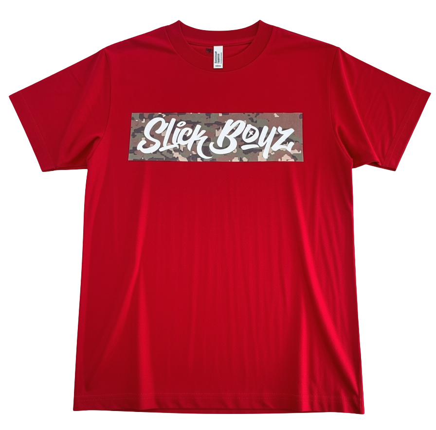 A red short-sleeve crewneck t-shirt featuring a rectangular chest graphic with a camouflage background and the text 'Slick Boyz' in white script.
