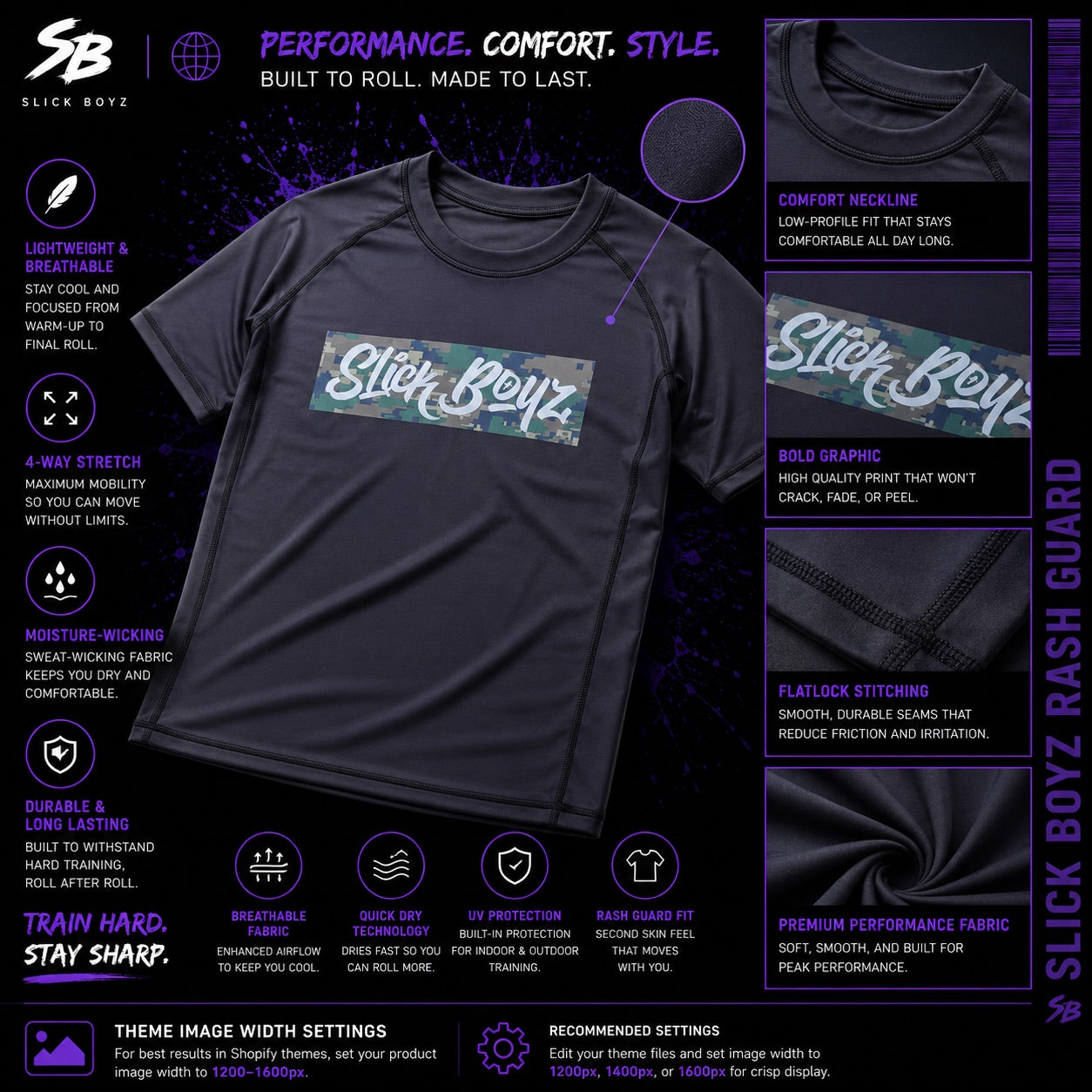 Close up of SlickBoyz adult size rash guard in the color black