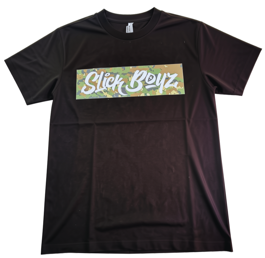 A black short-sleeve crewneck t-shirt featuring a rectangular chest graphic with a green and tan camouflage background and the words 'Slick Boyz' in white script.