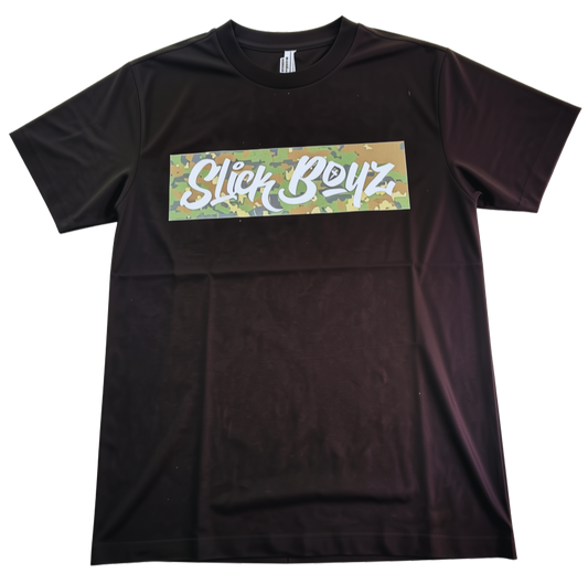 A black short-sleeve crewneck t-shirt featuring a rectangular chest graphic with a green and tan camouflage background and the words 'Slick Boyz' in white script.