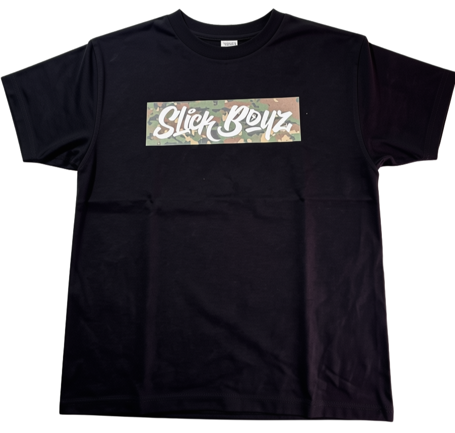 A black short-sleeve crewneck t-shirt featuring a rectangular chest graphic with the text 'Slick Boyz' in white script over a camouflage pattern background.