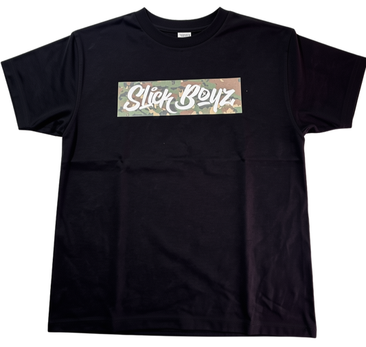 A black short-sleeve crewneck t-shirt featuring a rectangular chest graphic with the text 'Slick Boyz' in white script over a camouflage pattern background.