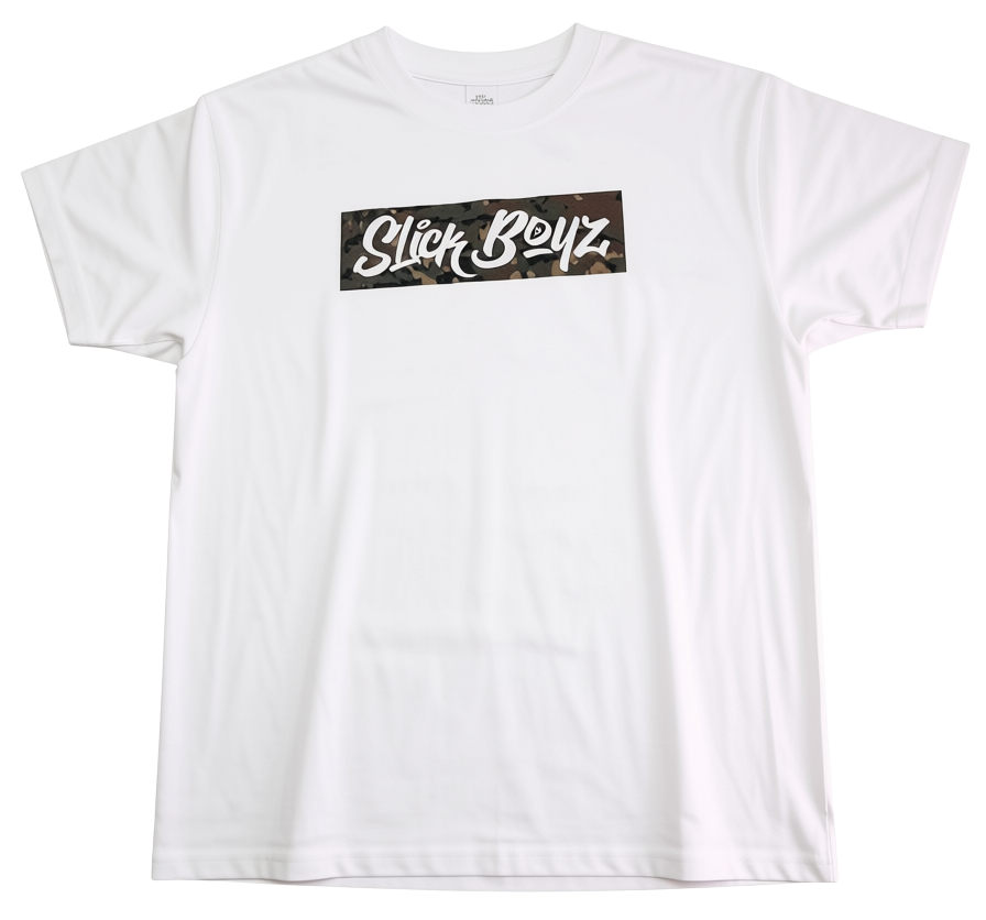 A white short-sleeve crewneck t-shirt featuring a rectangular chest graphic with a camouflage background and the text 'Slick Boyz' in white script.