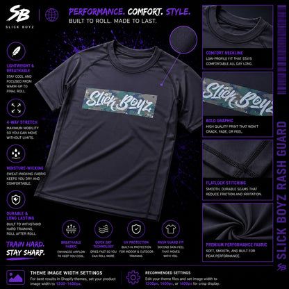 Close up of SlickBoyz adult size rash guard in the color black